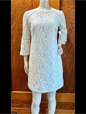 Vince Camuto White Lace Shift Dress with Pom Trim